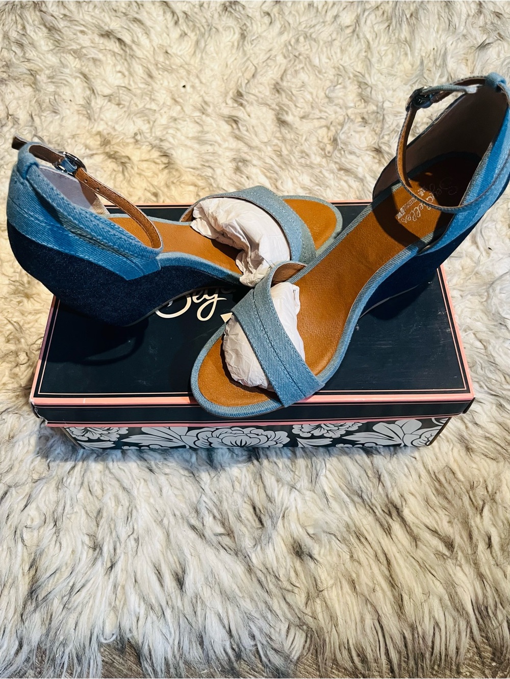 Denim Blue Two-Tone Ankle Strap Wedge Sandals - Women